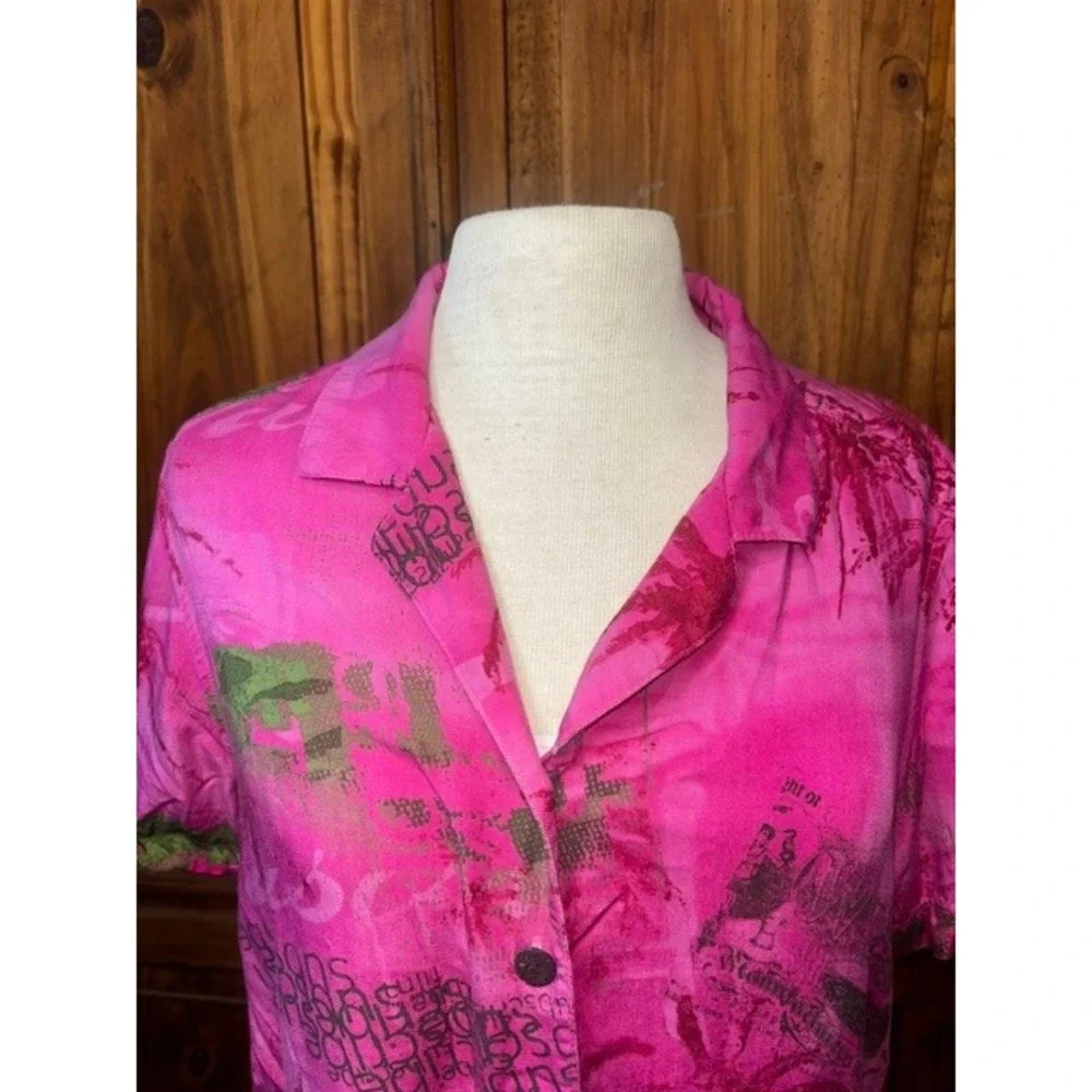 Caribbean Joe Pink Tropical Palm Tree Print Button Front Shirt Petite Womens M - Picture 4 of 7